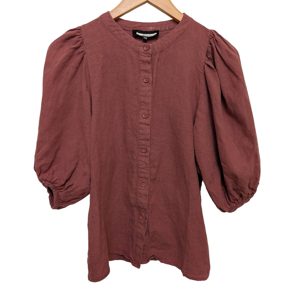 Third by Cee Linen Puff Sleeve Button Front Top Boho XXS Cottage Prairie Natural